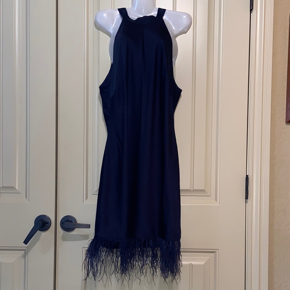 Navy Stretch Satin Dress with Feather Hem